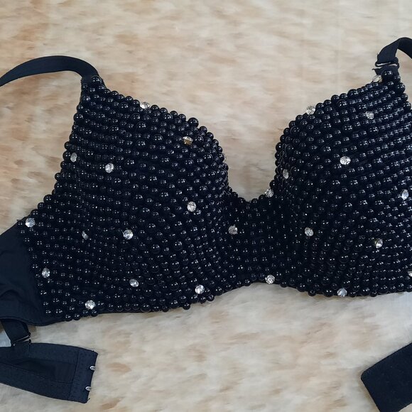 Black Pearl Type Push Up Bra With Rhinestones Small Corset Bustier Crop Top - Picture 2 of 7